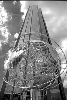 Globe sculpture in front of the Trump International Hotel in Central Park, black and white, New
