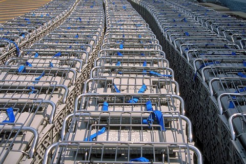 Shopping trolleys pushed together in front of a supermarket, Newton, New Jersey, USA