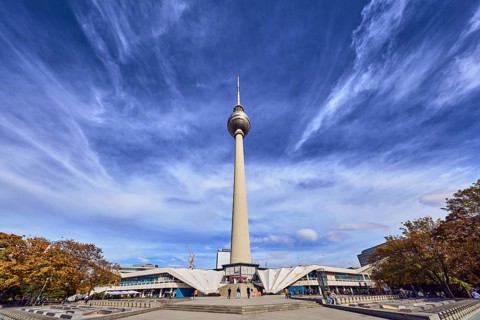 Berlin TV Tower, square, stone staircase, general architecture, pedestrians as accessories, trees,