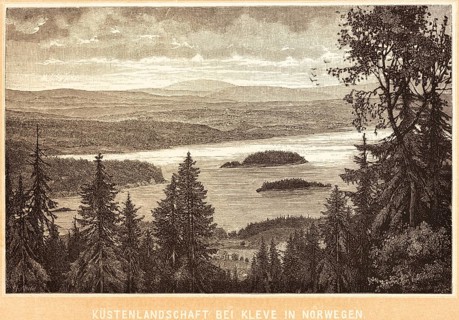 Norwegian coastal landscape near Kleve, view of a fjord, wooded islands, mountainous landscape,