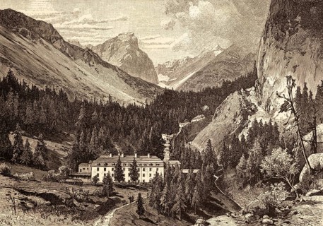 Halltal with the Haller Salzberg, Karwendel Mountains, Tyrol, valley forested with fir trees, rocky