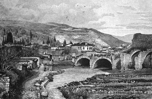 City view of Pergamon, Mysia, Turkey, small Asian town with historical past, Kaïkos river, stone