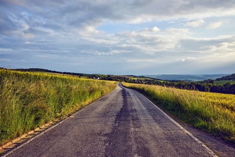 Landscape, hills, road, fields, trees, bushes, meadow, village, haze, cloudy, sunny, stratocumulus