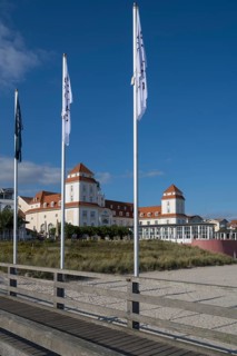 Spa hotel and beach, view from pier, Binz, seaside resort, Rügen island, Mecklenburg-Western