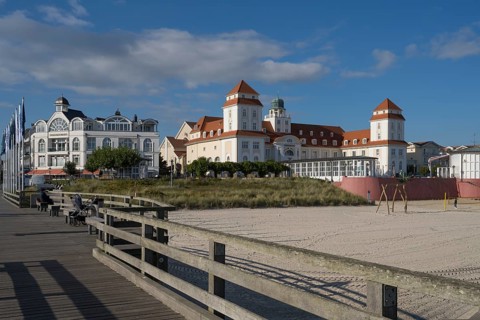 Spa hotel and beach, view from pier, Binz, seaside resort, Rügen island, Mecklenburg-Western