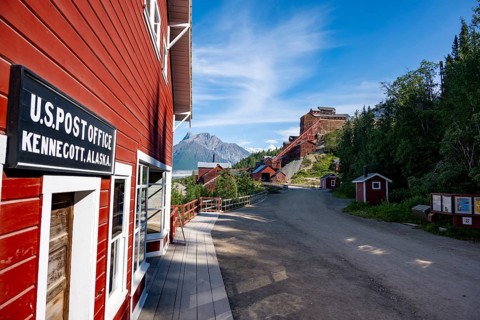 Red Kennicott buildings, Post Office and Kennicott Concentration Mill to extract copper from