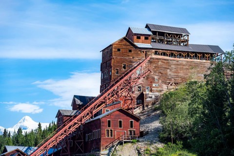 Red dilapidated buildings of Kennicott, Kennicott Concentration Mill to extract copper from