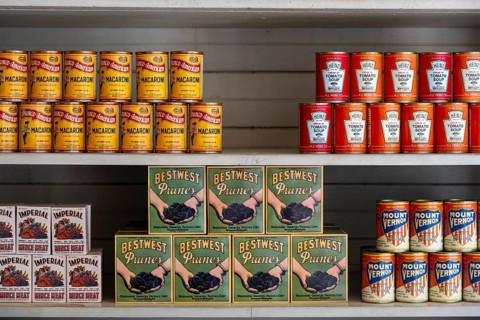 Interior view, historic restored Kennicott shopping store with historic goods display, retro food