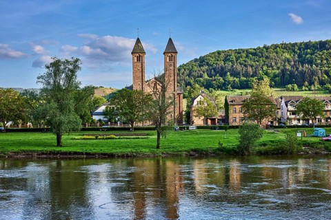 Moselle river, St. Salvator church, double tower, general architecture, houses, riverbank, hilly