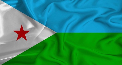 Realistic Djibouti flag waving. Close up of flag of Djibouti with cloth texture