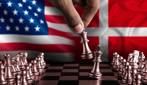 Denmark vs USA flag on chessboard. Political tension between Denmark and USA