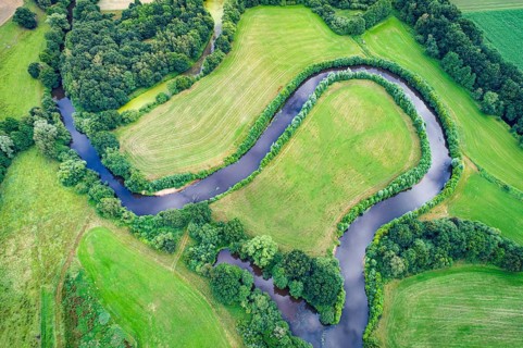 Aerial view of the Hunte river course, river, natural, Meander, Großenkneten, Lower Saxony, Germany