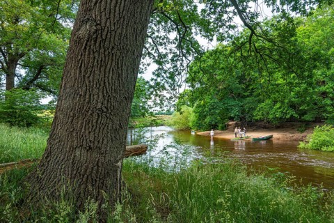 Canoeists do water sports on the Hunte near Astrup, Barneführer Holz, Wardenburg, Lower Saxony,