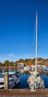 Sailboat, harbor, harbor basin, wharf, boats, duckdalves, general architecture, buildings, trees,
