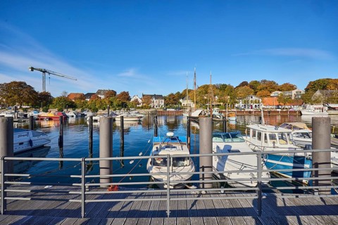 Harbour, quay, jetty, motor boats, duckdalbes, harbor basin, general architecture, crane, trees,