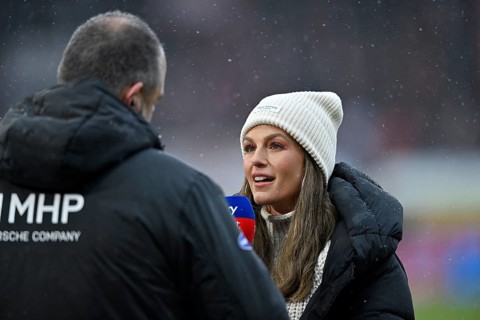 SKY reporter presenter Mara Mones wears cap in interview microphone micro logo with CEO managing