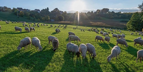 Flock of sheep (Ovis gmelini aries) grazing in a meadow, backlit, Tauchersreuth, Middle Franconia,