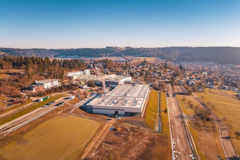 Factory complex in rural area with forest and roads, Glatten, Freudenstadt district, Germany