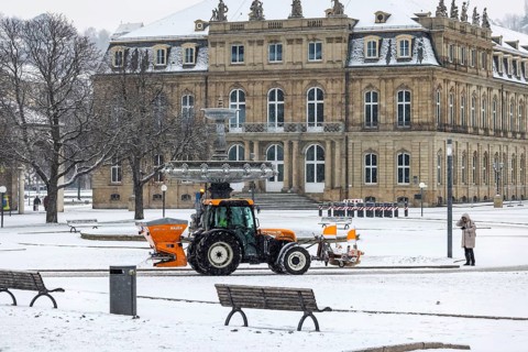 Winter in Stuttgart. There is a closed blanket of snow in the city center. Winter cleaning service