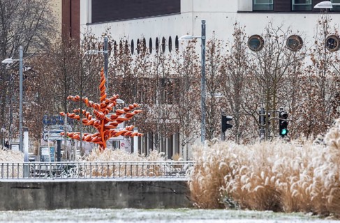 Winter in Stuttgart. There is a closed blanket of snow in the city center. Württembergische