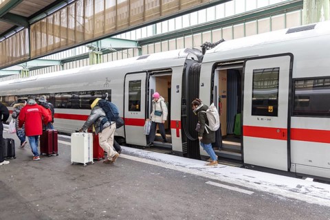 Winter in Stuttgart. There is also a closed layer of snow in the main train station. Travelers with