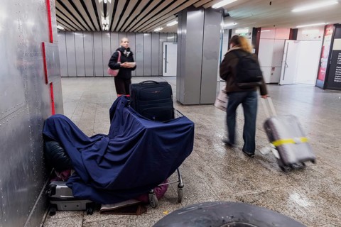 Winter in Stuttgart. A homeless person has made a home for himself in the Velcro Passage.