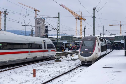 Winter in Stuttgart. There is also a closed layer of snow in the main train station. Station