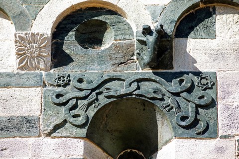 Details on the façade of the Romanesque Pisan church of San Michele de Murato, Bevinco Valley,
