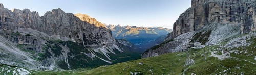 Rifugio Maria E Alberto Ai Brentai mountain hut and rocky peak, Brenta, Trentino, Italy