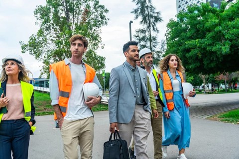 Group of diverse construction professionals and architects wearing hard hats and safety vests,