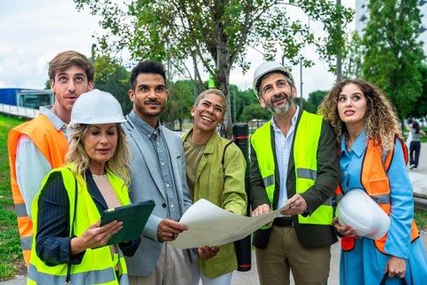 Multi ethnic team of engineers and architects in hard hats and safety vests reviewing blueprints on