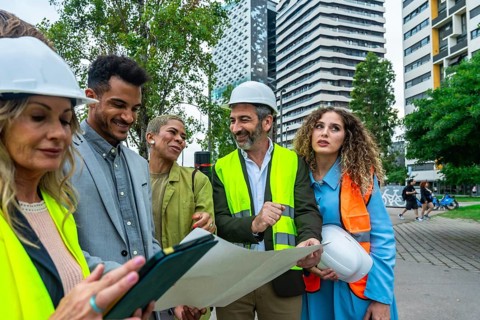 Group of diverse architects, engineers, and real estate professionals collaborating on a building