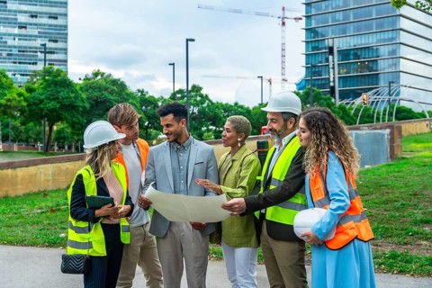 Group of multi ethnic architects, engineers, and executives reviewing blueprints and discussing