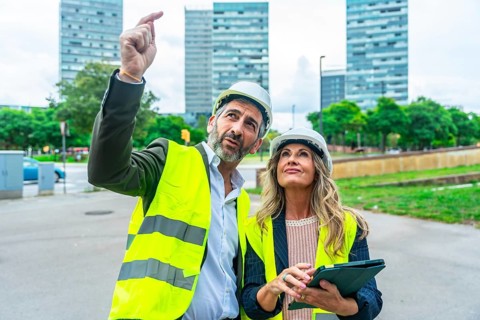 Male and female architects or engineers wearing hard hats and high visibility vests inspecting a