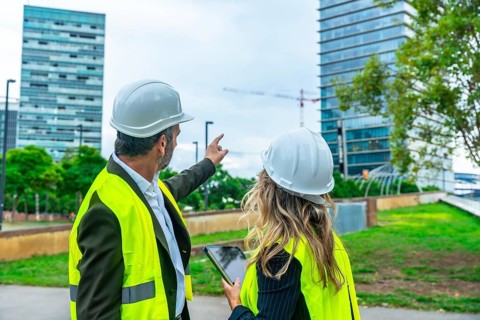 Architects and engineers wearing hard hats and safety vests discussing city development while