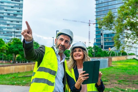 Architects and engineers review development plans on a tablet while pointing toward a construction