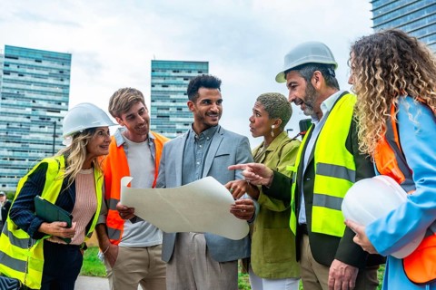 Diverse group of architects, engineers, and real estate professionals collaborating and discussing