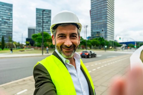 Smiling bearded construction professional in hard hat and safety vest stands on an urban site,