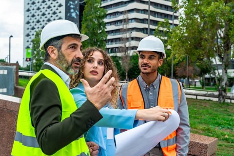 Group of diverse architects and engineers wearing hard hats and safety vests, discussing building