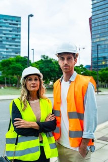 Construction professionals wearing hard hats and reflective vests, standing outdoors, collaborating
