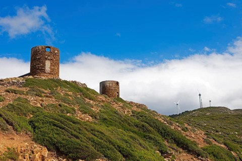 Genoese Towers and Wind Turbines, Cap Corse, Haute-Corse Department, Corsica, Mediterranean Sea,