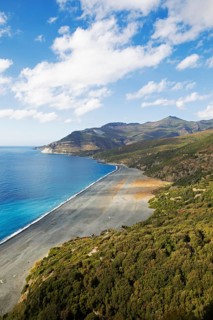 Black pebble beach Plage de Nonza or Plage Negro, Cap Corse, Haute-Corse Department, Corsica,