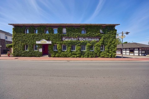 Gasthof Wellmann, building, Boston ivy (Parthenocissus tricuspidata), lantern, pavement, blue sky,