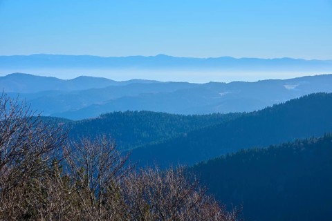 View of tiered mountain ranges with calm sky and forest, morning, view, Rhine Valley, Martinswand,