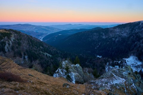 Hilly landscape at sunset with distant view, view of the Rhine Valley, viewpoint, La Gorge de