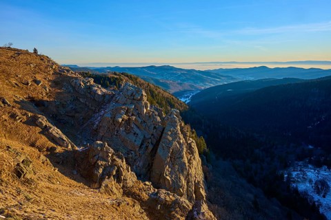 Panoramic view of rocky mountain landscape under blue sky and extensive view, view of the Rhine