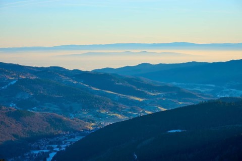 Morning view of hills and valleys with light fog and peaceful ambiance, looking towards the Rhine