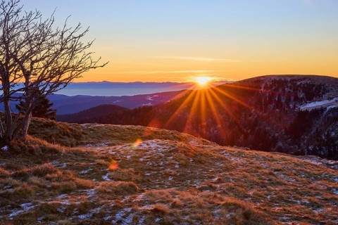 An extensive valley illuminated by the rising sun, with snow-covered slopes and golden rays,