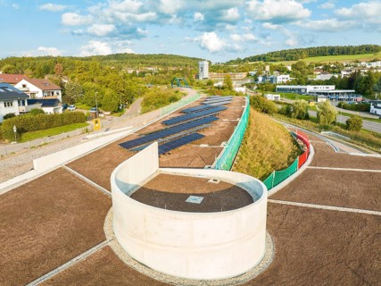 Solar panels on an architecturally designed roof with green barriers, new Park and Ride Calw