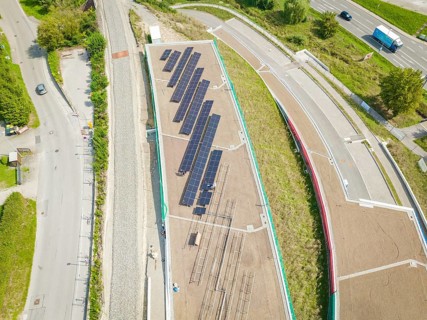 Solar system on a roof between roads and urban areas, new park and ride parking garage Calw